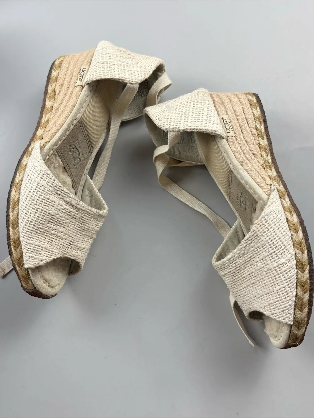 UGG Mar Women’s Espadrille Wedge Sheepskin Sandals Cream Ankle Tie Size 9 Boho